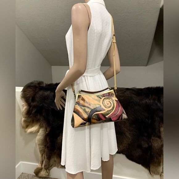 Abstract Print Genuine Cowhide Handmade Double Kisslock Bag with 2 Strap Styles - Picture 6 of 16